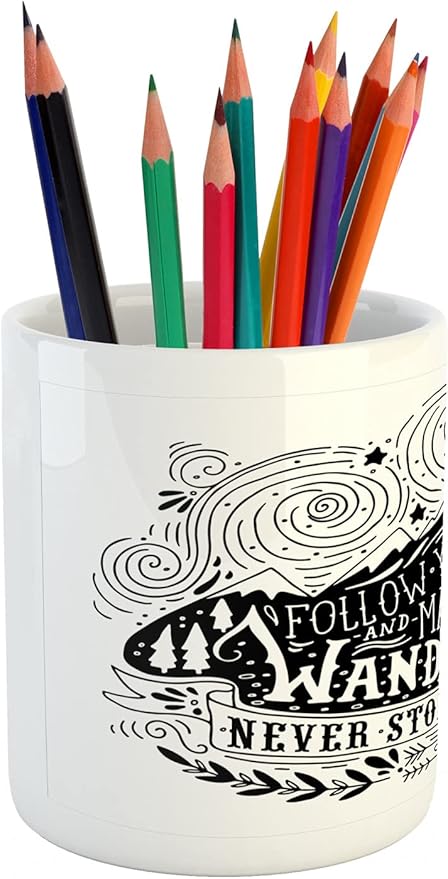 Ambesonne Saying Pencil Pen Holder, Vintage Motif Follow Your Dream Make It Happen Never Stop Exploring Monochrome, Ceramic Pencil Holder for Desk Office Accessory, 3.6" X 3.2", White and Black