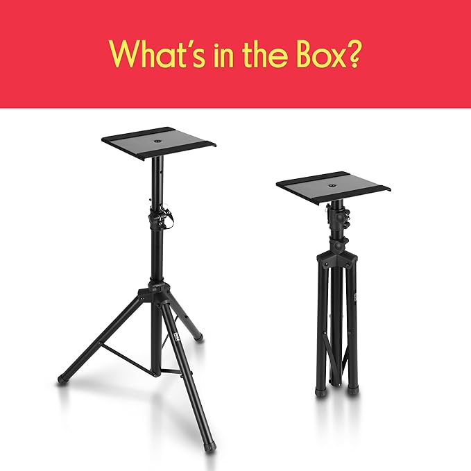 Pyle Adjustable Speaker Stand Pair – Dual Studio Monitor Tripod with Metal Base, Anti-Slip Speaker Pads, Height Adjustment from 34” to 53” – Ideal for Home, Studio, and DJ Use, 90 lbs Weight Capacity