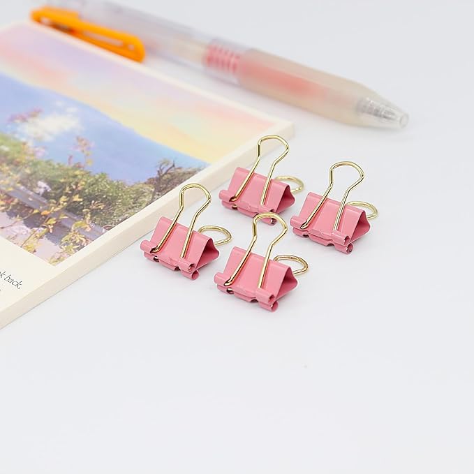Pink Binder Clips, Gold Handles Mini Paper Clip, Small Paper Clamps 15mm (5/8 inch), 100 Pack Micro Size Office Clips for Home School and Business
