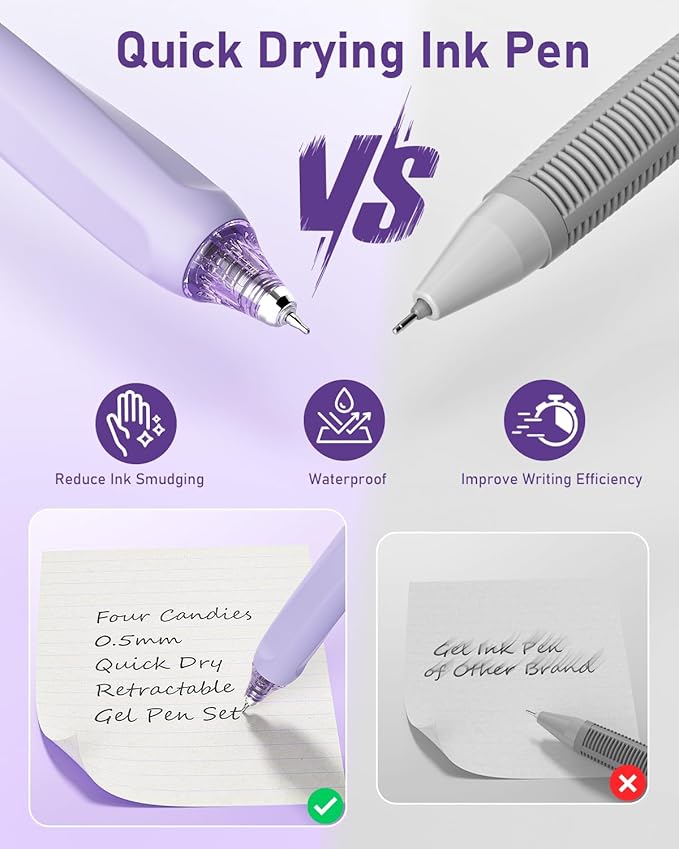 Four Candies Writing Ink Pens with Black & Purple Ink and 2Pack Highlighter Retractable 0.5mm Smooth Fine Point Pens Purple Pens for School Office Girly Stationery Aesthetic Desk Accessories Set of 14