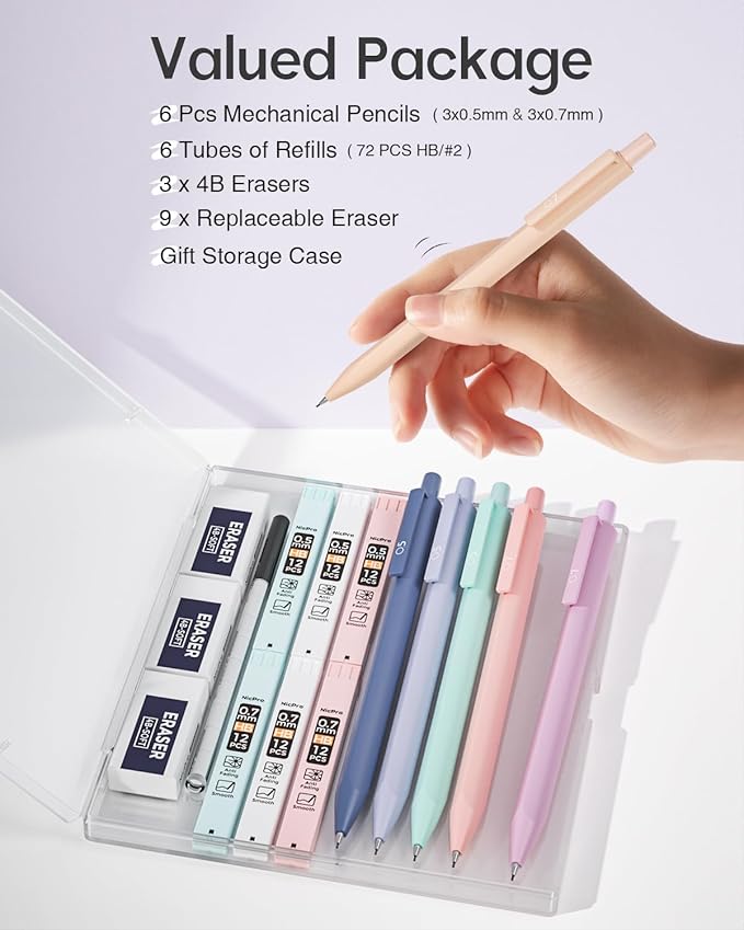 Nicpro 6PCS Pastel Mechanical Pencil Set with Case, Cute Drafting Pencils 0.5mm & 0.7mm with 6 Tubes HB Lead Refills, Erasers, Eraser Refills, Aesthetic School Supplies for Girls Drawing Sketching