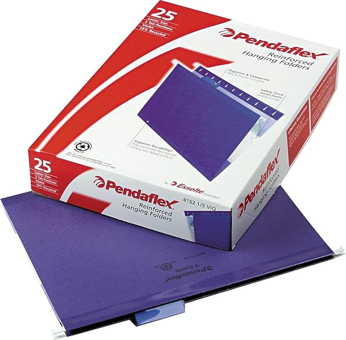 Pendaflex Reinforced Hanging File Folders, Letter Size, Violet, 1/5 Cut, 25/BX (4152 1/5 VIO)