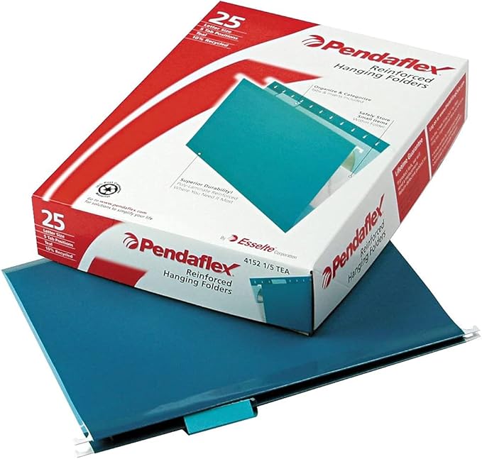 Pendaflex Reinforced Hanging File Folders, Letter Size, Teal, 1/5 Cut, 25/BX (4152 1/5 TEA)