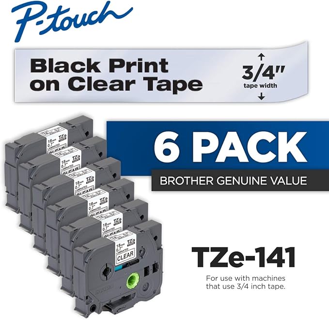 Brother Genuine P-touch 6-Pack TZe-141 Laminated Tape, Black Print on Clear Standard Adhesive Laminated Tape for P-touch Label Makers, Each Roll is 0.7"/18mm (~ 3/4") Wide, 26.2 ft. (8M) Long