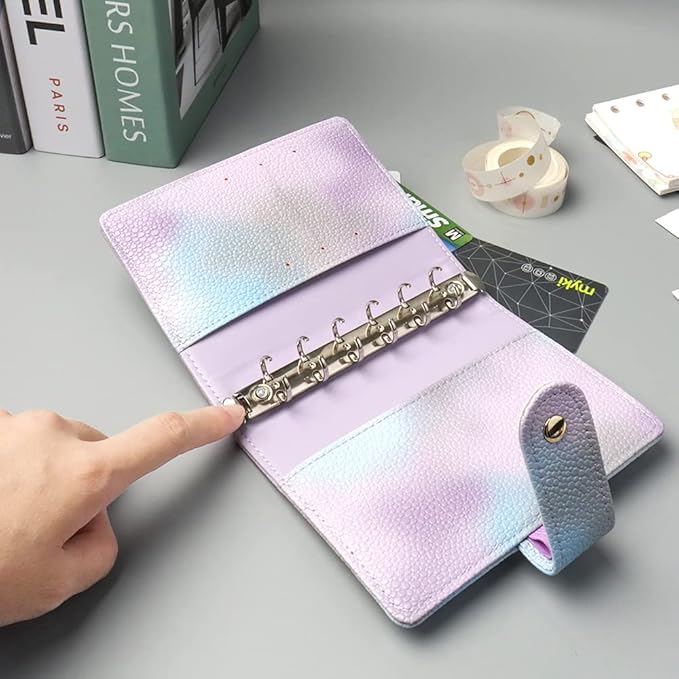 Purple PU Leather Budget Binder Cover, for A7 6-Ring Money Organizer Budgeting Refillable Loose Leaf Receipt Binder Notebook Bookmark Planner Book with Card Pockets Snap Buckle
