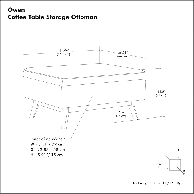 SIMPLIHOME Owen Coffee Table Storage Ottoman - 34 inch Wide Upholstered Vegan Leather Rectangular Lift-Top Ottoman in Distressed Black, Mid-Century Modern Bench for Living Room with Tapered Legs