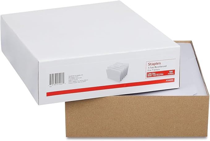 Staples Reinforced File Folders, Letter Size, 3‑Tab Design, White, Durable Paper Stock, 100/Box