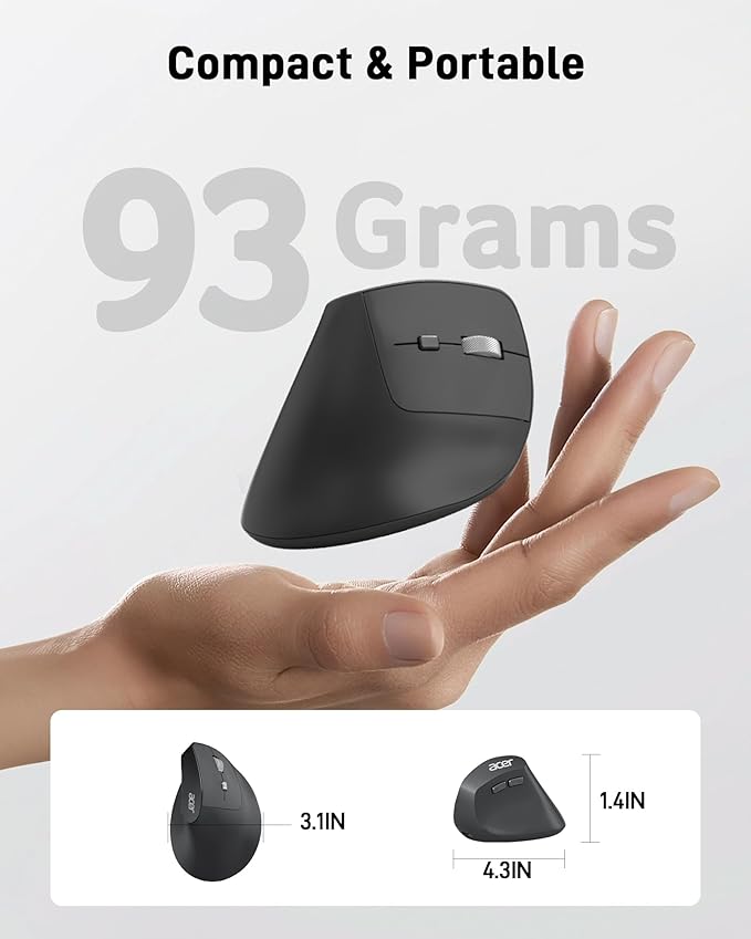 acer Ergonomic Mouse Wireless, Adjustable DPI Vertical Mouse 1000/1200/1600 with 6 Buttons, Rechargeable Ergo Mice, Medium to Large Sized Hands, 2.4GHz USB Receiver for Computer, Laptop, PC