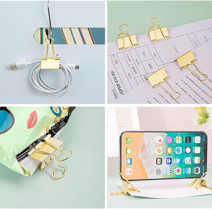 130 Pack Gold Binder Clips Assorted Sizes, Large Medium Small Mini 4 Sizes Mix, Paper Clamps Metal Paper Clips Set for Office School Home Business Supplies