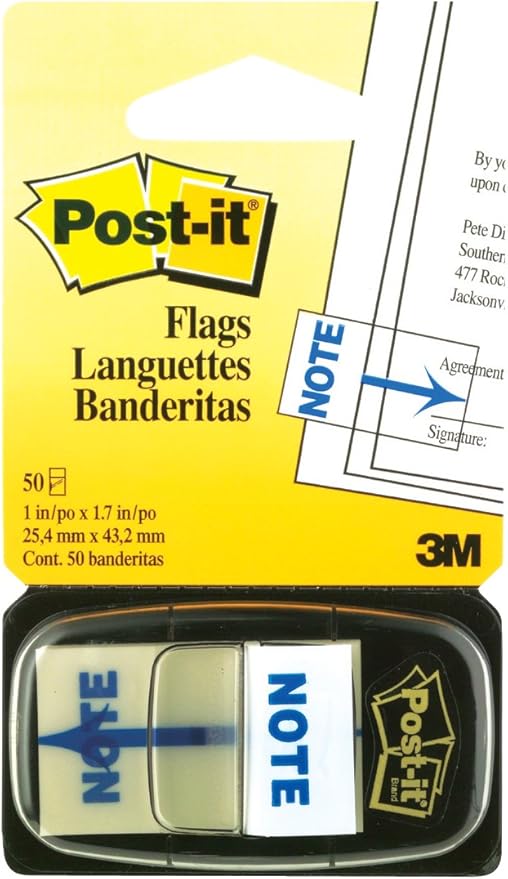 Post-it Printed Message Flags, "Note" with Arrow, 1 Inch Blue, One Dispenser of 50 Flags