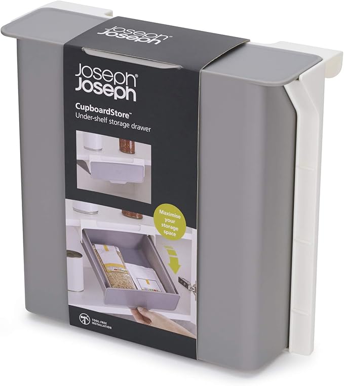 Joseph Joseph CupboardStore Under Shelf Drawer Kitchen Cabinet Storage Organizer, Space Saving, Gray/ White
