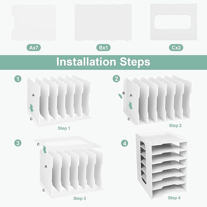 Paper Organizer Storage for Desk, 7 Tier Construction File Organizer Paper Sorter, Desktop Document Storage Holder for Home Office School, White