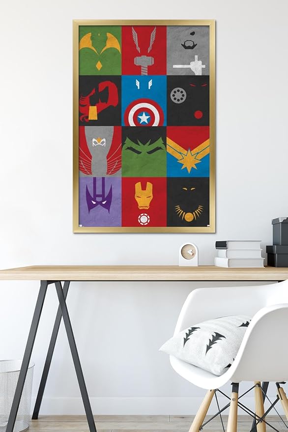Trends International Marvel Comics - Avengers - Minimalist Grid Wall Poster, 22.375" x 34", Gold Framed Version