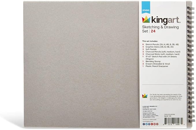 KINGART 24 Pc Sketching & Drawing Art Kit Combo w/Sketchbook, Graphite & Charcoal Pencils, Professional Supplies for All Skill Levels