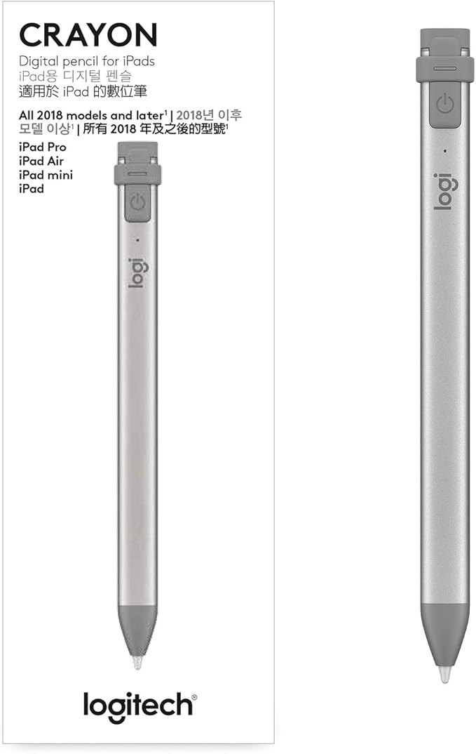 Logitech Crayon Digital Pencil for All iPads (2018 Releases and Later) with Apple Pencil Technology, Anti-roll Design, and Dynamic Smart tip - Grey