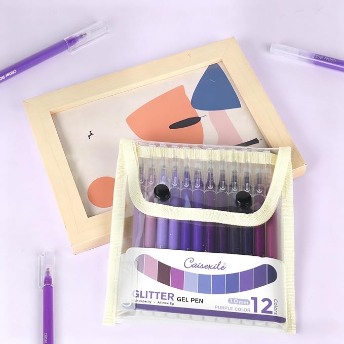 12 Purple Glitter Gel Pens Set, 1.0 mm Fine Point for Black Paper & White Paper, Large Capacity Pens for Journaling, Adult Coloring Books, Drawing, Note Taking, Highlighting