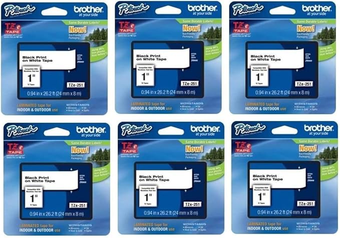 Brother Genuine P-Touch 6-Pack TZe-251 Laminated Tape, Black Print on White Standard Adhesive Laminated Tape for P-Touch Label Makers, Each Roll is 0.94"/24mm (Approx 1") Wide, 26.2 ft. (8M) Long
