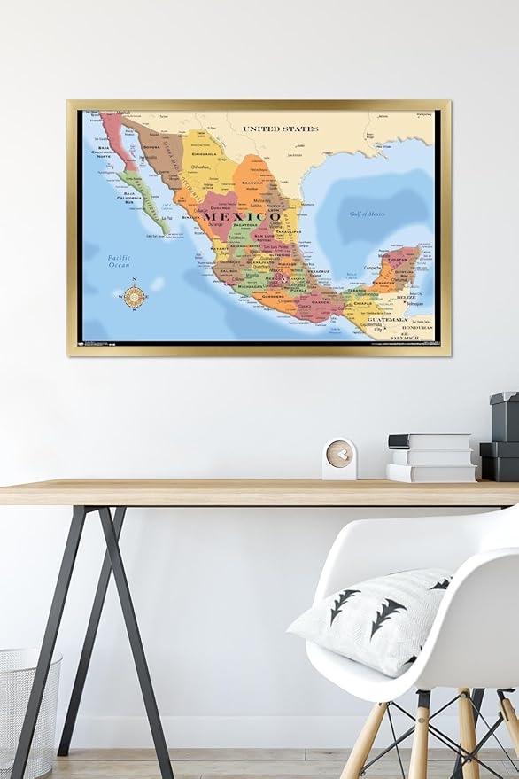 Trends International Map - Mexico Wall Poster, 22.375" x 34", Gold Framed Version