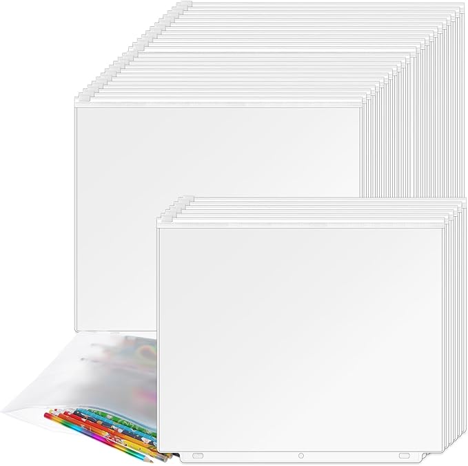 50 Pcs 3-Hole Binder Zipper Pockets, 11.6 x 10 Inches, PVC Waterproof Loose Leaf Document Organizer for Office Business Supplies, Clear, A4