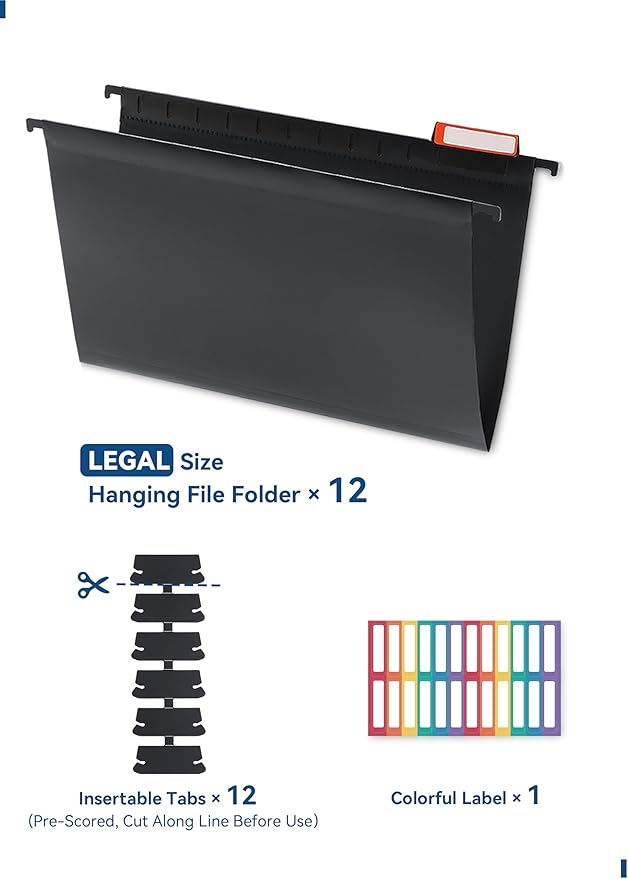 Plastic Legal Size Hanging File Folders, 12 Pack Black Hanging Folders, with Insertable 1/5-Cut Tabs for Filing Cabinets