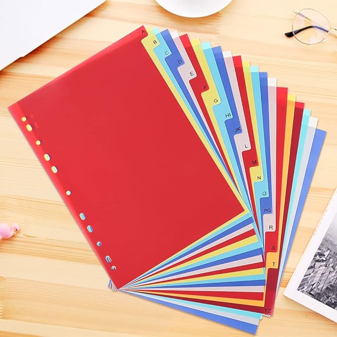 21 Tab A-Z Binder Dividers, 3 Ring Plastic Binder Dividers with Tabs Multicolor Alphabet Dividers for 2/3/4/11 Ring Binders, Letter Size (8.2×11.6 Inch)