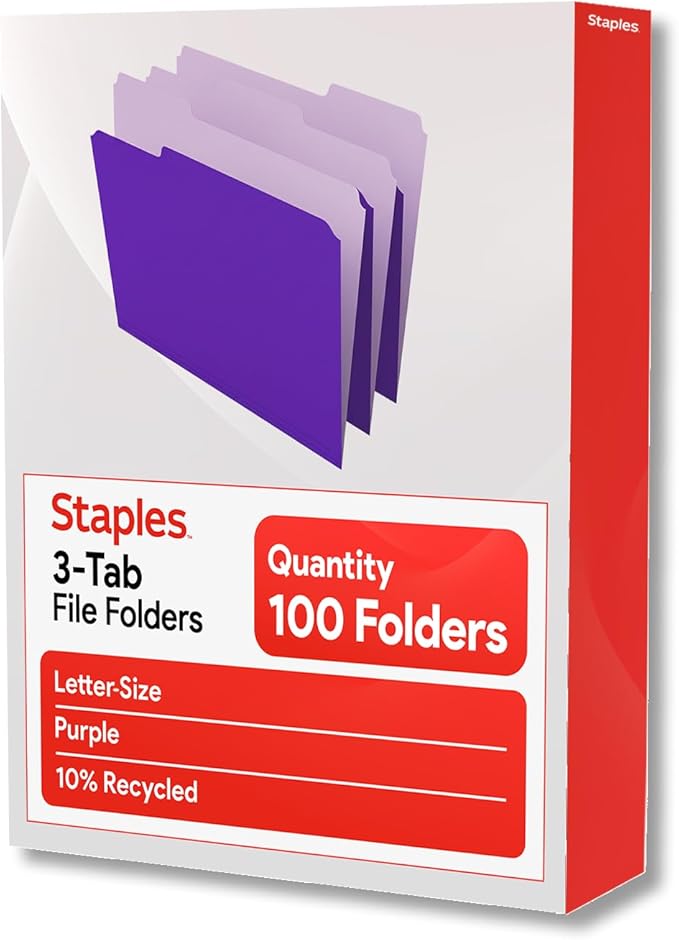 Staples File Folders, Letter Size, 1/3‑Cut Tabs, Purple, Durable 10.5‑Point Paper Stock, 100/Pack