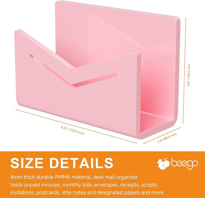 Beego Envelope and Mail Organizer Countertop - Pink Acrylic Desk Organizer Letter Holder Desktop File Sorter Bill Document Folder Rack for Office, Home, School Desk Organization