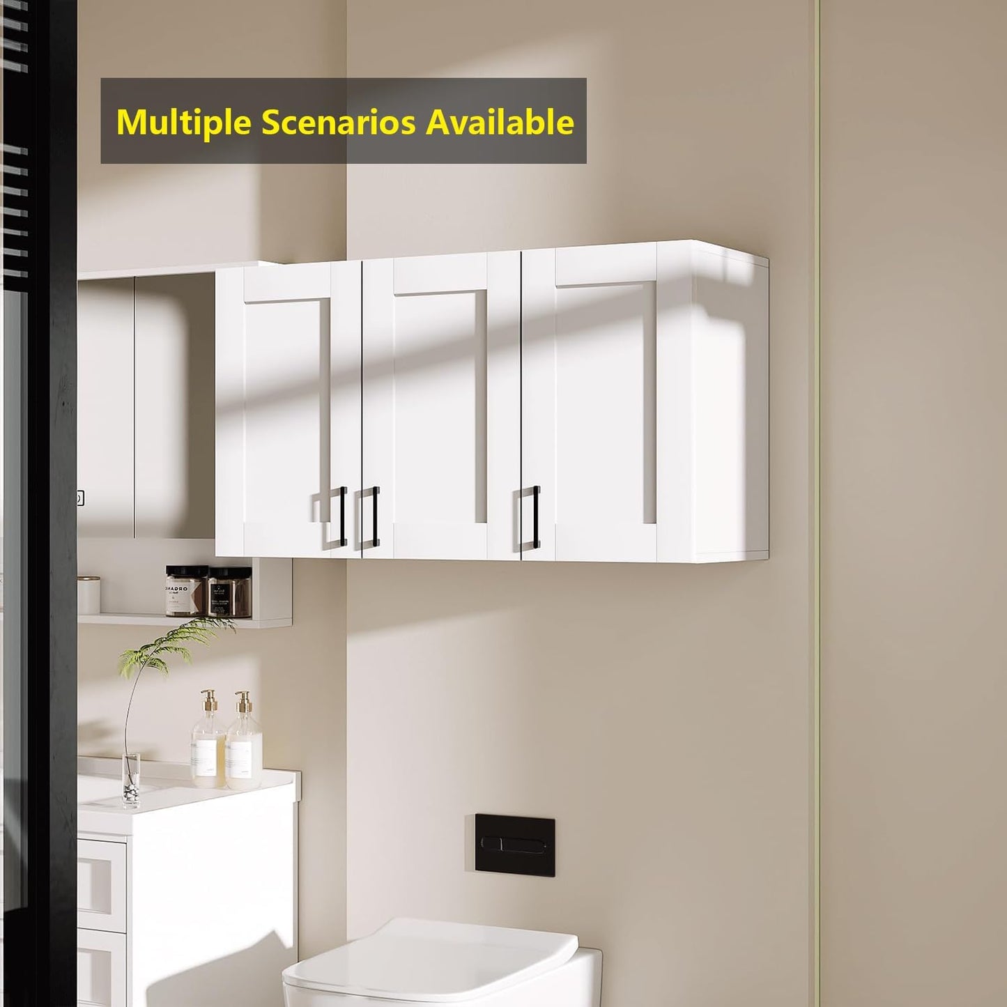 White Laundry Room Cabinets and Storage with 3 Doors and Utility Adjustable Shelf,Gabinetes Para Cocina Cupboard Kitchen Organizers and Storage Pantry Wall Mounted 12.4"D x 35.4"W x 19.7"H