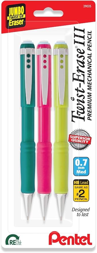Pentel Twist-Erase III Mechanical Pencil, 0.7 mm, Assorted Barrel Colors, Pack of 3