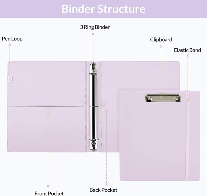 SKYDUE 3 Ring Binder with Clipboard 1 Inch, 13.2" × 10.2" PU Clipboard Binder with Notepad & 5 Dividers with 5 Pockets, Labels, Clipboard Folder Great for School Office(Fit Letter Sized Paper)