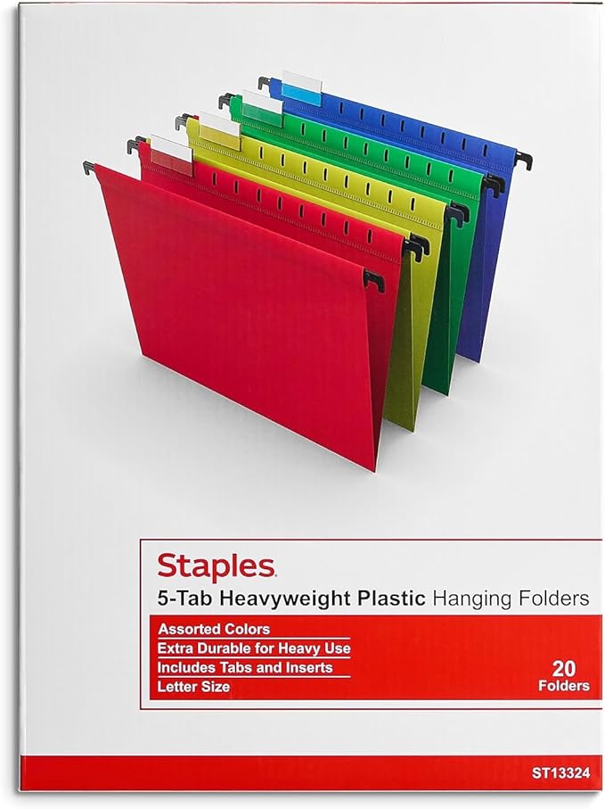 Staples Hanging File Folders, Letter Size, Assorted Colors, Water‑Resistant, 5‑Tab, Includes Tabs & Inserts – 20/Pack