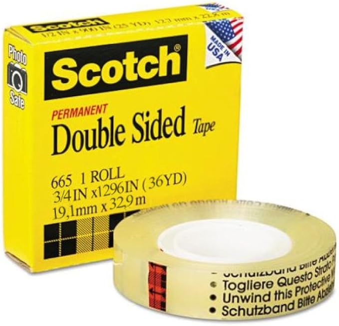 3M Scotch 665 Double Coated Tape, 3/4 inch X 36 Yards with 3 inch core, Clear (Boxed 665)
