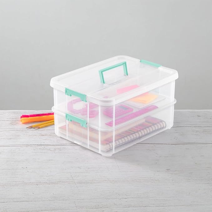 Sterilite 12-Pack Stack & Carry, 2 Layer Handle Box for Home & Office Storage - Clear Base & Lid with Color Latches, Organizer for Art & Craft Supplies, Sewing Tools or 8.5" x 11" Paper