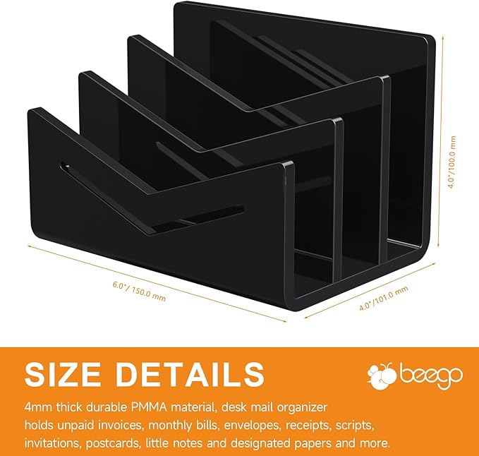 Beego Envelope and Mail Organizer Countertop - 3 Compartments Black Acrylic Desk Organizer Letter Holder Desktop File Sorter Bill Document Folder Rack for Office, Home, School Desk Organization