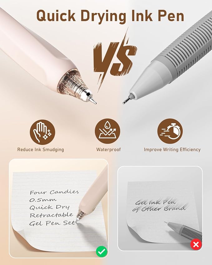 Four Candies Writing Ink Pens with Black & Brown Ink and 2Pack Highlighter, Retractable 0.5mm Smooth Fine Point Pens,Brown Pens for School, Office Girly Stationery Aesthetic Desk Accessories Set of 14