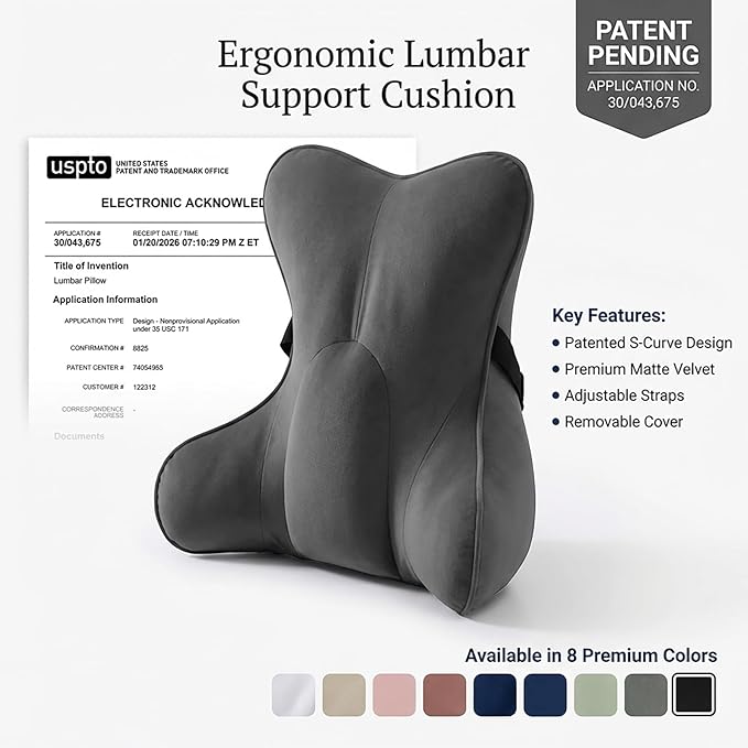 Lumbar Support Pillow(Pat. Pend) – Ergonomic Multi-Zone Back Cushion for Lower Back Pain Relief, Ideal for Office Chair, Car Seat & Home Reading,Steel Gray