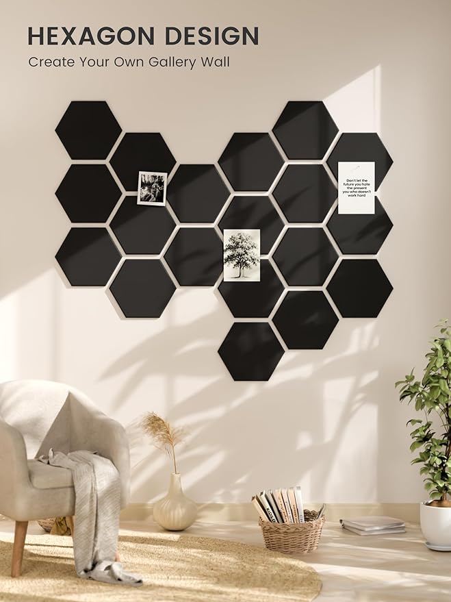 Fluxynara Hexagon Cork Board Alternative for Walls Decor-8-Pack Felt Bulletin Board Tiles,with 30 Pushpins,50 Adhesive Tabs for Office,Classrooms & Home Pin Board Felt Board-Black