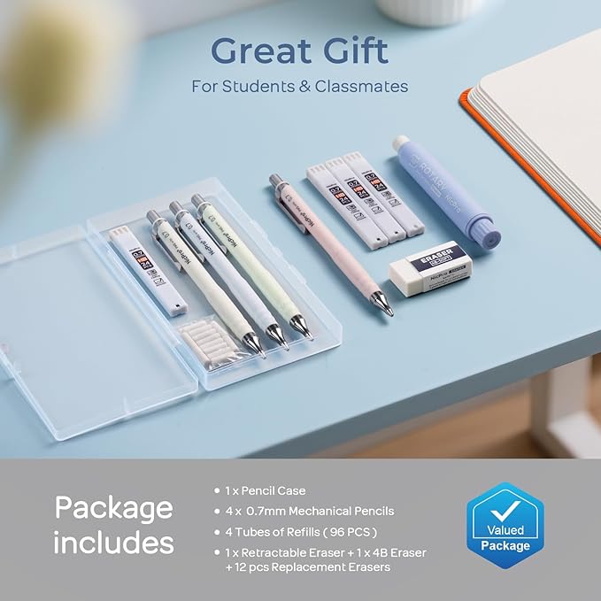 Nicpro Cute Mechanical Pencil Set, 4PCS 0.7mm Pastel Drafting Pencils with 4 Tube HB Lead Refills, 4B Erasers, Rotary Retractable Eraser and Eraser Refill for Writing Sketching Back to School Supplies