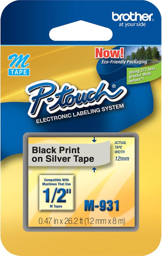 Brother Genuine P-touch M-931 Tape, 1/2" (0.47") Wide Standard Non-Laminated Tape, Black on Silver, Recommended for Home and Indoor Use, 0.47" x 26.2' (12mm x 8M), Single-Pack, M931