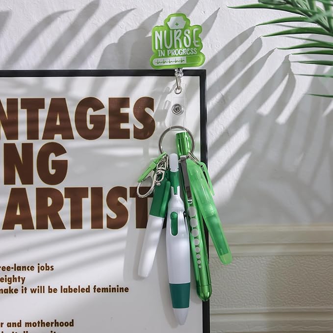 Student Nurse Pen Set Badge Reel Holder Accessories Clip, Retractable Mini Nursing Pen & Light Tool Set, Highlighter pens and Highlighter pens(Green)