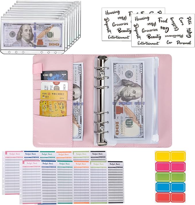 NICOOTHBudget Binder Cash Envelopes A6 Money Saving Binder with Zipper envelopes (A6 Pink)
