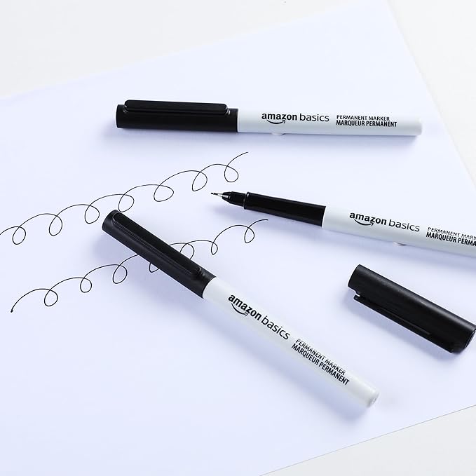 Amazon Basics Ultra Fine Point Permanent Markers for Drawing and Writing, Quick Drying, Fade Resistant, Black, 12-Pack