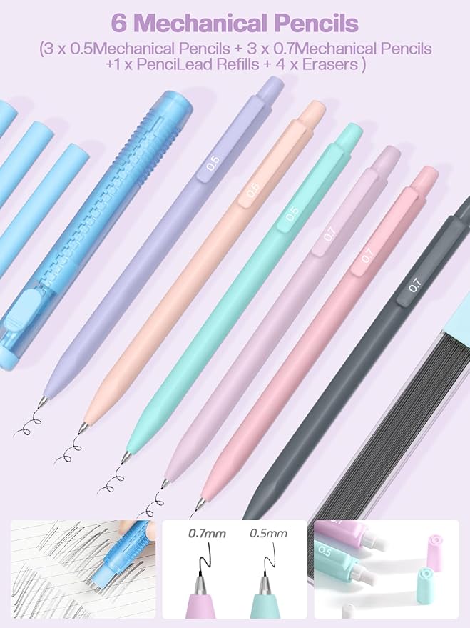 51 PCS Aesthetic School Supplies with Cute Pencil Case, 12 Pastel Highlighters, 8 Quick Dry Retractable Black Ink Pens, 6 Pastel Mechanical Pencil Student Stationary Bible Study Supplies(Purple)