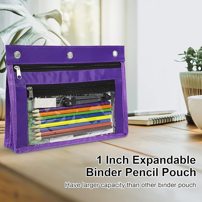 YoeeJob 6 Pack 1 Inch Expandable Zipper Pencil Pouches with Clear Window for 3 Ring Binder, Suitable for School & Office(Purple)