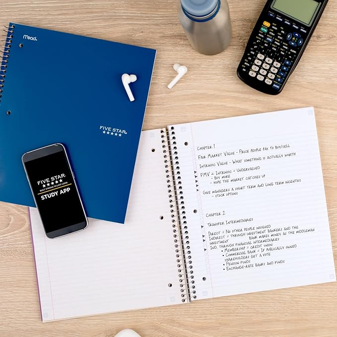 Five Star Spiral Notebooks Plus Study App, 6 Pack, 3 Subject, College Ruled Paper, 11" x 8-1/2", 150 Sheets, Black, Red, Green, Blue, White, Purple (73930)