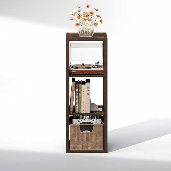 Furinno Cubicle Record Player Stand with Vinyl Storage, 3-Cube 1.2 Extra Thick Vinyl Record Storage, Open Back Media Shelf for CD DVD Blueray Game Disc, for Living Room, Home Office, Amber Pine