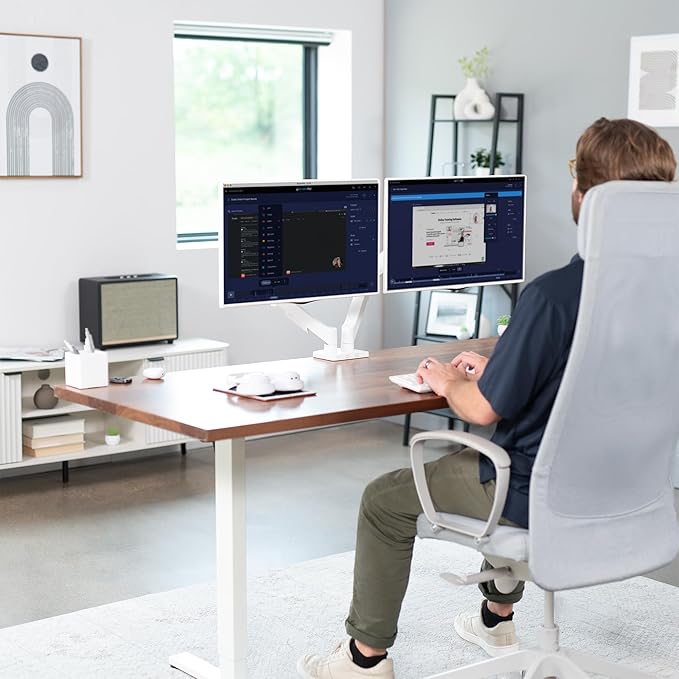 VIVO Dual Monitor Stand, Fully Adjustable Arms for 17 to 32 inch Screens, Mechanical Articulating Desk Mount, Gaming and Office Setups, VESA 75x75, 100x100, Max 19.8 lbs, Classic, White, STAND-V002OW