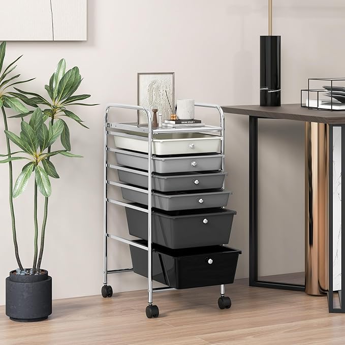 COSTWAY 6-Drawer Rolling Storage Cart, Multifunctional Art Craft Tools Organizer on Wheels, Heavy Duty Utility Mobile Storage Trolley w/ 2 Lockable Wheels for Home Office School, Mixed Black