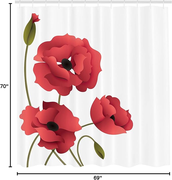 Ambesonne Floral Shower Curtain, Poppy Flowers Vivid Petals Buds Pastoral Purity Mother Earth Nature Design, Cloth Fabric Bathroom Decor Set with Hooks, 69" W x 70" L, Dark Pink
