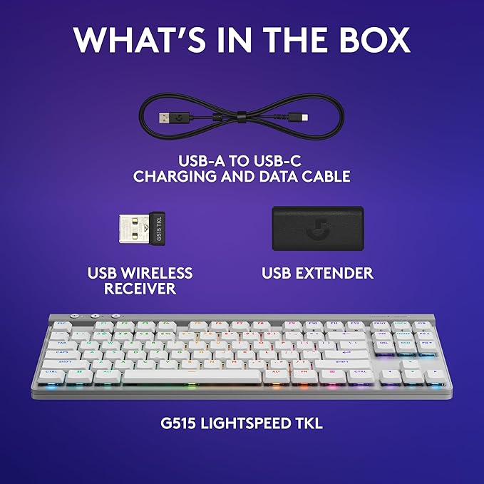 Logitech G515 Lightspeed TKL Low Profile Wireless Gaming Keyboard, LIGHTSYNC RGB, Thin Tenkeyless Design, PBT Keycaps, Tactile (Brown) Mechanical Switches - White (Renewed)